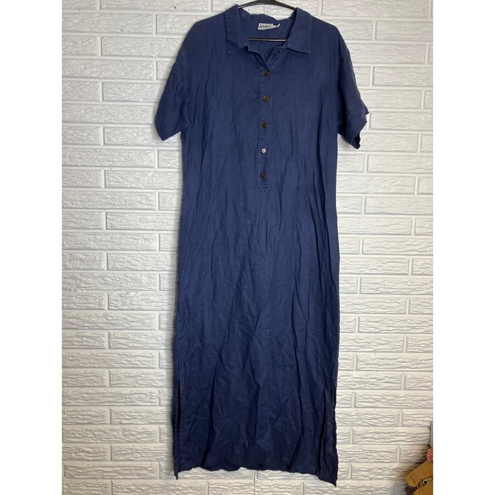 Kiko‎ Maxi Dress Women Medium Navy Blue Excellent Linen Short Sleeve Slit Pocket